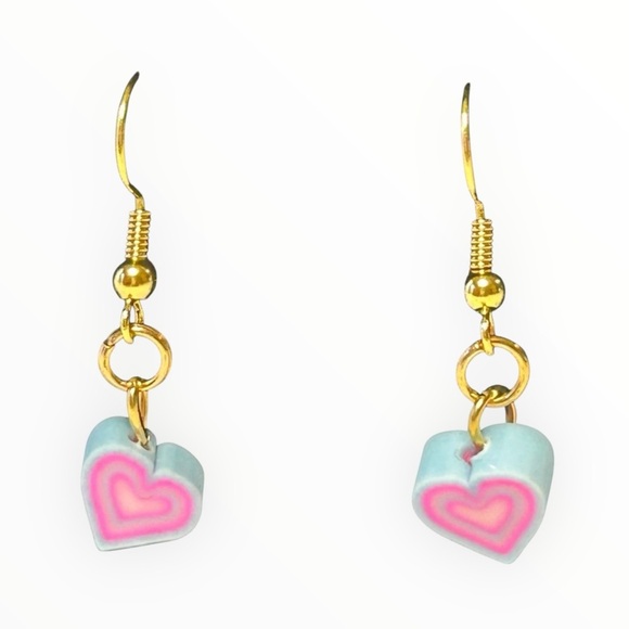 Pink & Blue Rubber Heart Earrings with 18k Gold Plated Wires - Picture 1 of 2